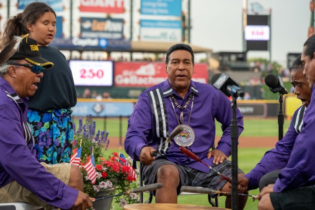 The Youngblood Lenape Dancers preform Friday, July 3, 2026, during the Liberty Ignited celebration to mark America's 250th birthday at Coca-Cola Park in Allentown. (Jonathan Broady/Special to The Morning Call)