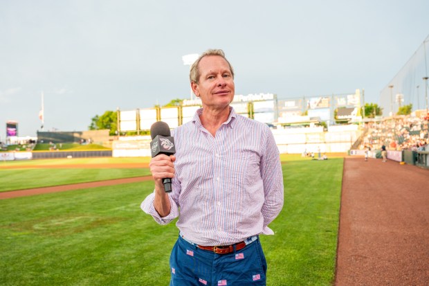 Allentown native and award-winning TV personality and designer Carson Kressley speaks to the crowd Friday, July 3, 2026, during the Liberty Ignited celebration marking America's 250th birthday at Coca-Cola Park in Allentown. (Jonathan Broady/Special to The Morning Call)