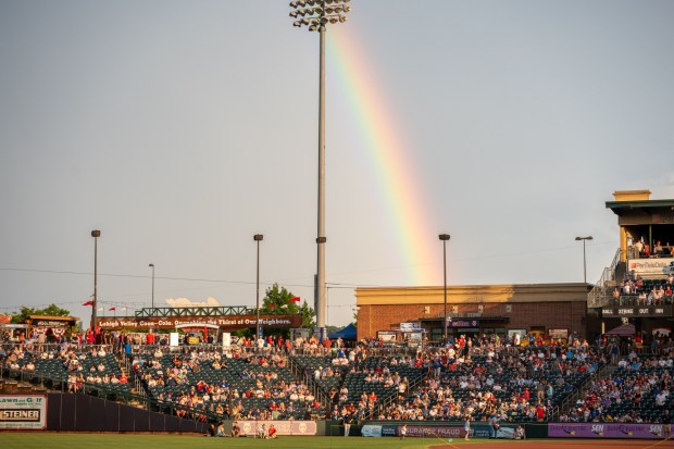 A rainbow appears after a rainstorm Friday, July 3, 2026, during the Liberty Ignited celebration to mark America's 250th birthday at Coca-Cola Park in Allentown. (Jonathan Broady/Special to The Morning Call)
