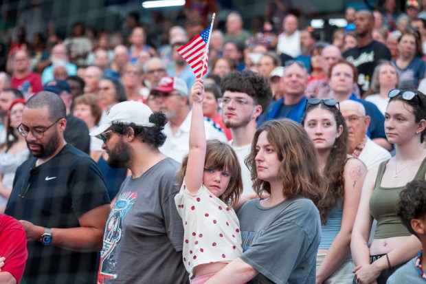 Attendees react to the performance Friday, July 3, 2026, during the Liberty Ignited celebration marking America's 250th birthday at Coca-Cola Park in Allentown. (Jonathan Broady/Special to The Morning Call)
