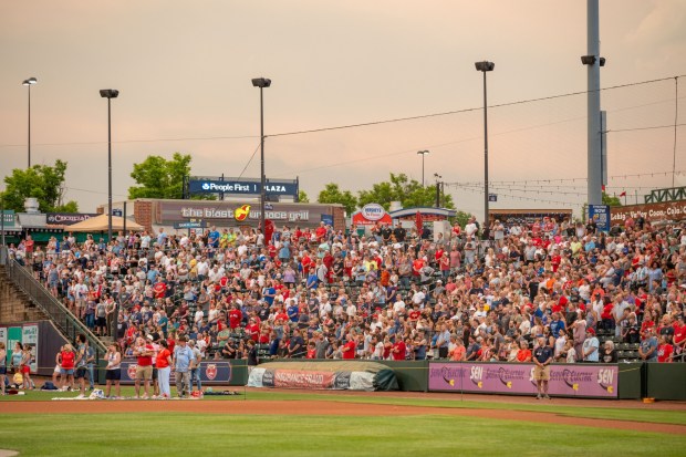 Attendees react to the performance Friday, July 3, 2026, during the Liberty Ignited celebration marking America's 250th birthday at Coca-Cola Park in Allentown. (Jonathan Broady/Special to The Morning Call)
