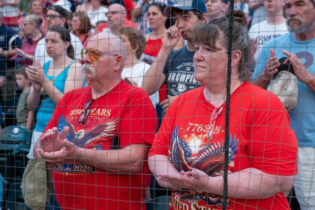Attendees react to the performance Friday, July 3, 2026, during the Liberty Ignited celebration marking America's 250th birthday at Coca-Cola Park in Allentown. (Jonathan Broady/Special to The Morning Call)