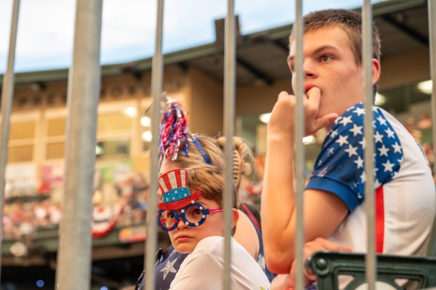 Attendees react to the performance Friday, July 3, 2026, during the Liberty Ignited celebration marking America's 250th birthday at Coca-Cola Park in Allentown. (Jonathan Broady/Special to The Morning Call)