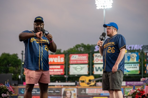Actors with the Pennsylvania Shakespeare Festival perform a rendition of "Who's on First?" on Friday, July 3, 2026, during the Liberty Ignited celebration to mark America's 250th birthday at Coca-Cola Park in Allentown. (Jonathan Broady/Special to The Morning Call)