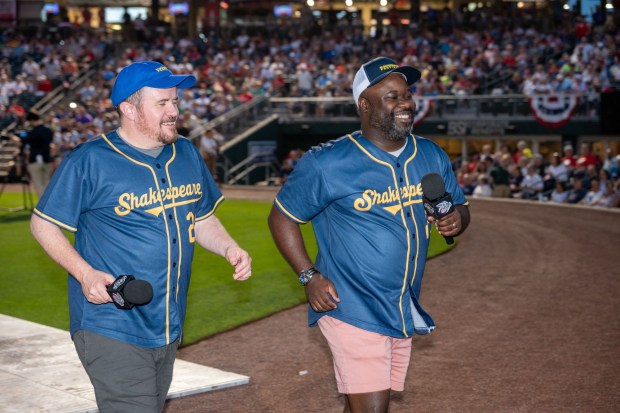 Actors with the Pennsylvania Shakespeare Festival perform a rendition of "Who's on First?" on Friday, July 3, 2026, during the Liberty Ignited celebration to mark America's 250th birthday at Coca-Cola Park in Allentown. (Jonathan Broady/Special to The Morning Call)