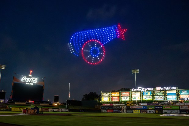 A drone show presented lights up the sky Friday, July 3, 2026, during the Liberty Ignited celebration to mark America's 250th birthday at Coca-Cola Park in Allentown. (Jonathan Broady/Special to The Morning Call)