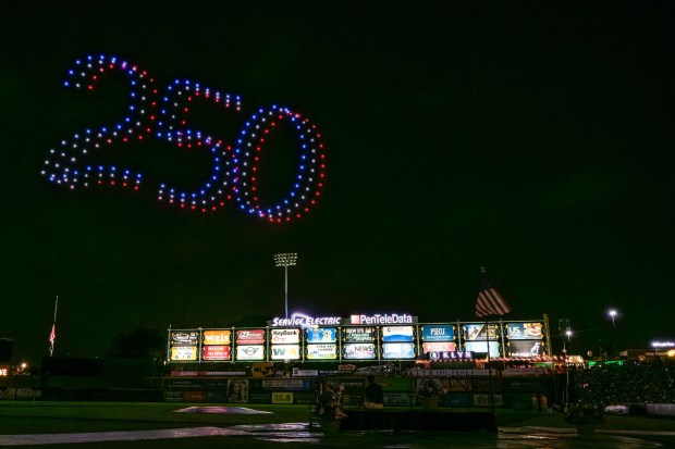 A drone show presented lights up the sky Friday, July 3, 2026, during the Liberty Ignited celebration to mark America's 250th birthday at Coca-Cola Park in Allentown. (Jonathan Broady/Special to The Morning Call)