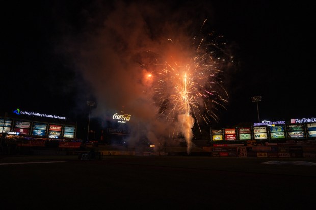 Fireworks presented by IBEW Local 375 light up the sky Friday, July 3, 2026, during the Liberty Ignited celebration to mark America's 250th birthday at Coca-Cola Park in Allentown. (Jonathan Broady/Special to The Morning Call)