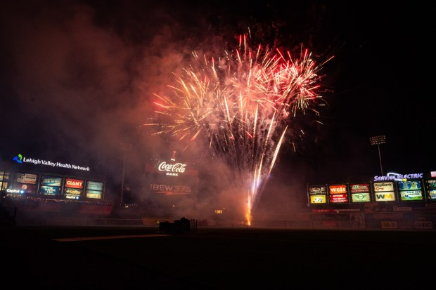 Fireworks presented by IBEW Local 375 light up the sky Friday, July 3, 2026, during the Liberty Ignited celebration to mark America's 250th birthday at Coca-Cola Park in Allentown. (Jonathan Broady/Special to The Morning Call)