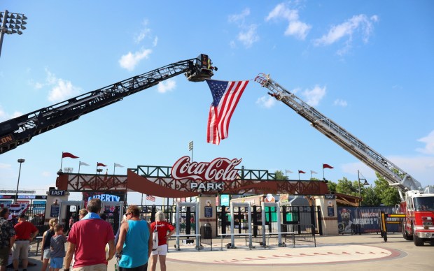 The American flag flies over Coca-Cola Park during Liberty Ignited on Friday, July 3, 2026, in Allentown. Part of wider America 250 celebrations happening both in the Lehigh Valley and nationwide, Liberty Ignited featured a Pa. Shakespeare Festival rendition of "Who's on First?", an exhibition of historic American cars by the NB Center for American Automotive Heritage and a life sized paper mache Liberty Bell courtesy of Easton Rotary Club (Jon Chiu/The Morning Call)
