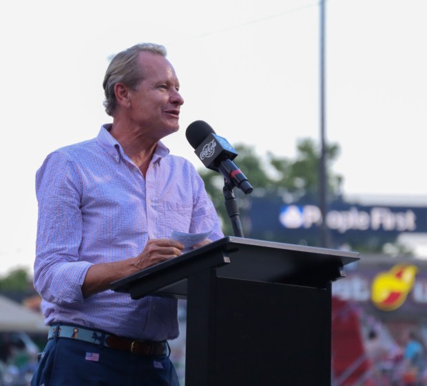 Allentown native and award-winning television personality and designer Carson Kressley speaks to attendees during Liberty Ignited at Coca-Cola Park on Friday, July 3, 2026, in Allentown. Part of wider America 250 celebrations happening both in the Lehigh Valley and nationwide, Liberty Ignited featured a Pa. Shakespeare Festival rendition of "Who's on First?", an exhibition of historic American cars by the NB Center for American Automotive Heritage and a life sized paper mache Liberty Bell courtesy of Easton Rotary Club (Jon Chiu/The Morning Call)