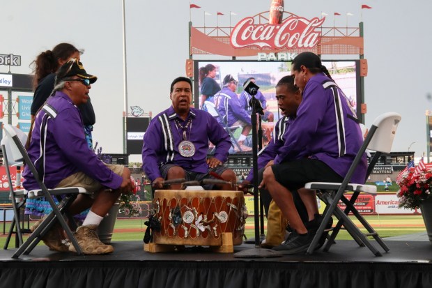 The Youngblood Singers inter-tribal Native American drum group performs during Liberty Ignited at Coca-Cola Park on Friday, July 3, 2026, in Allentown. Part of wider America 250 celebrations happening both in the Lehigh Valley and nationwide, Liberty Ignited featured a Pa. Shakespeare Festival rendition of "Who's on First?", an exhibition of historic American cars by the NB Center for American Automotive Heritage and a life sized paper mache Liberty Bell courtesy of Easton Rotary Club (Jon Chiu/The Morning Call)