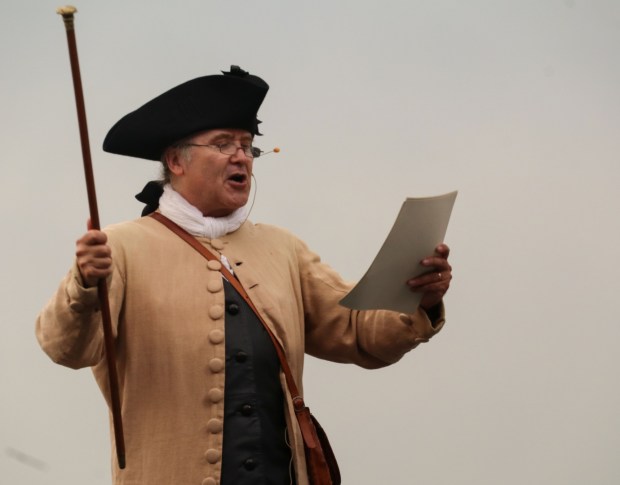 Benjamin Franklin, played by Bachmann Group Artistic Director Christopher Black, reads the Declaration of Independence during Liberty Ignited at Coca-Cola Park on Friday, July 3, 2026, in Allentown. Part of wider America 250 celebrations happening both in the Lehigh Valley and nationwide, Liberty Ignited featured a Pa. Shakespeare Festival rendition of "Who's on First?", an exhibition of historic American cars by the NB Center for American Automotive Heritage and a life sized paper mache Liberty Bell courtesy of Easton Rotary Club (Jon Chiu/The Morning Call)