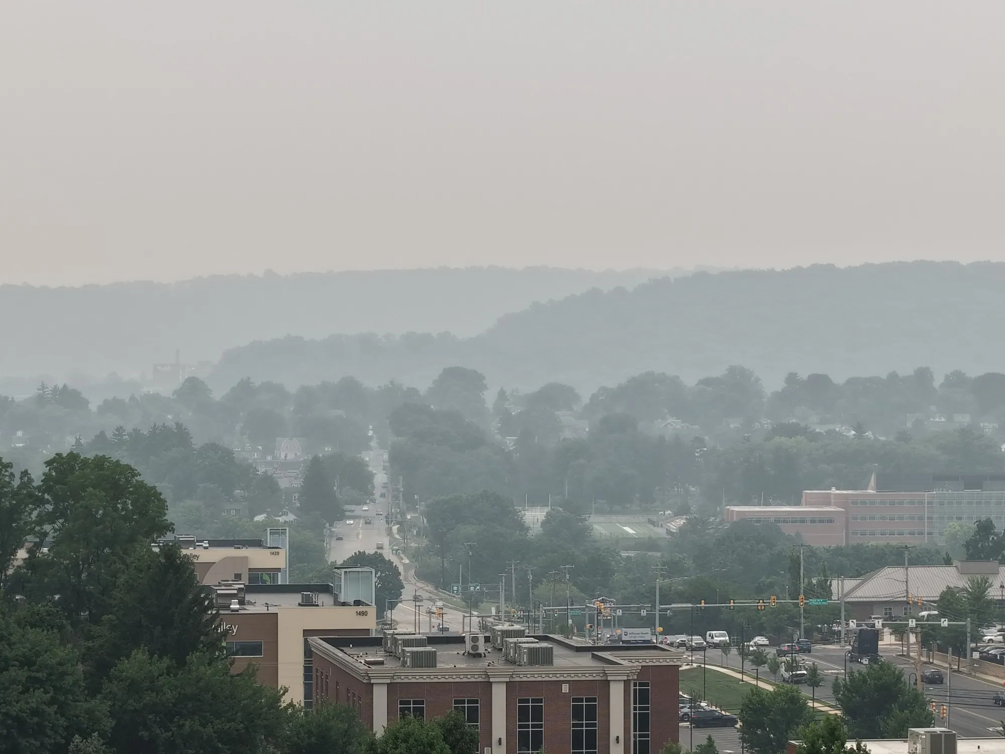 Hazy conditions from Canadian wildfire smoke is seen over the Lehigh Valley Thursday, July 16, 2026. (Rich Rolen/Special to The Morning Call)