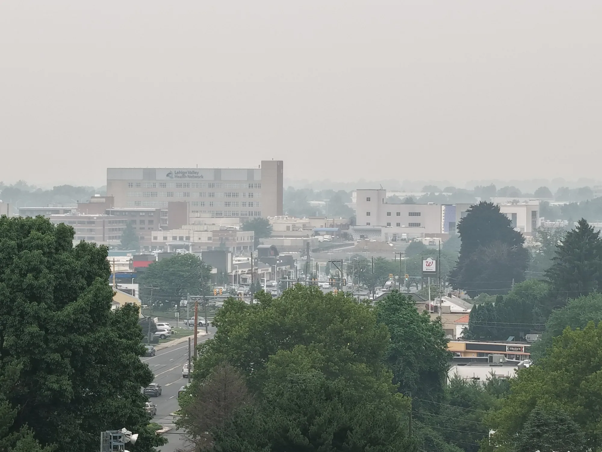 Hazy conditions from Canadian wildfire smoke is seen over the Lehigh Valley Thursday, July 16, 2026. (Rich Rolen/Special to The Morning Call)