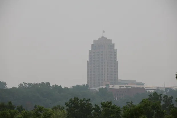 Hazy conditions from Canadian wildfire smoke is seen over the Lehigh Valley path the PPL Center in Allentown, Thursday, July 16, 2026. (Rich Rolen/Special to The Morning Call)