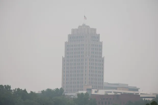 Hazy conditions from Canadian wildfire smoke is seen over the Lehigh Valley path the PPL Center in Allentown, Thursday, July 16, 2026. (Rich Rolen/Special to The Morning Call)