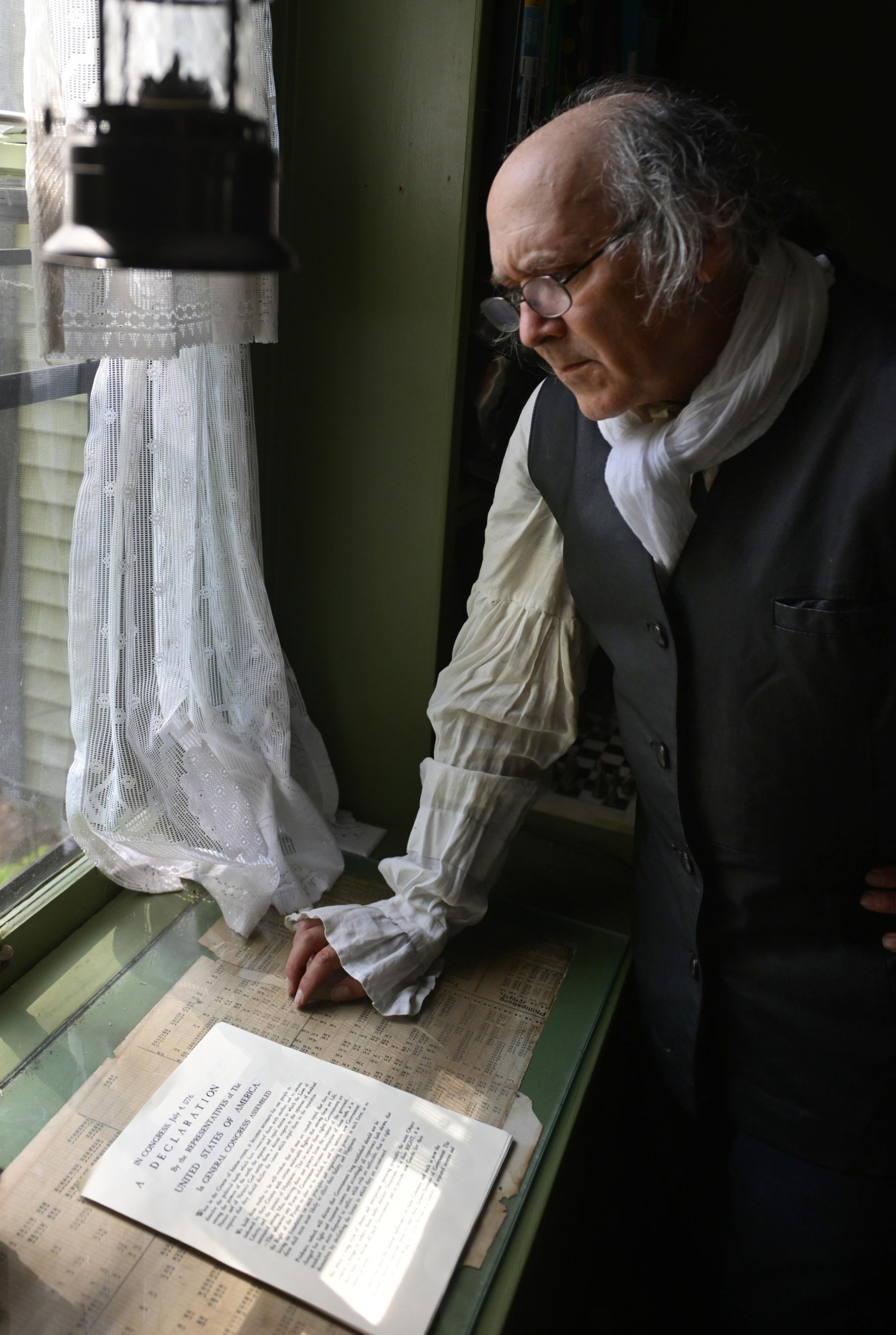 Christopher Black, artistic director of the Bachmann Players, on Thursday, July 2, 2026, portrays Robert Levers, the Northampton County Clerk who is widely credited with reading the Declaration of Independence on July 8, 1776, in Easton. (Monica Cabrera/The Morning Call)
