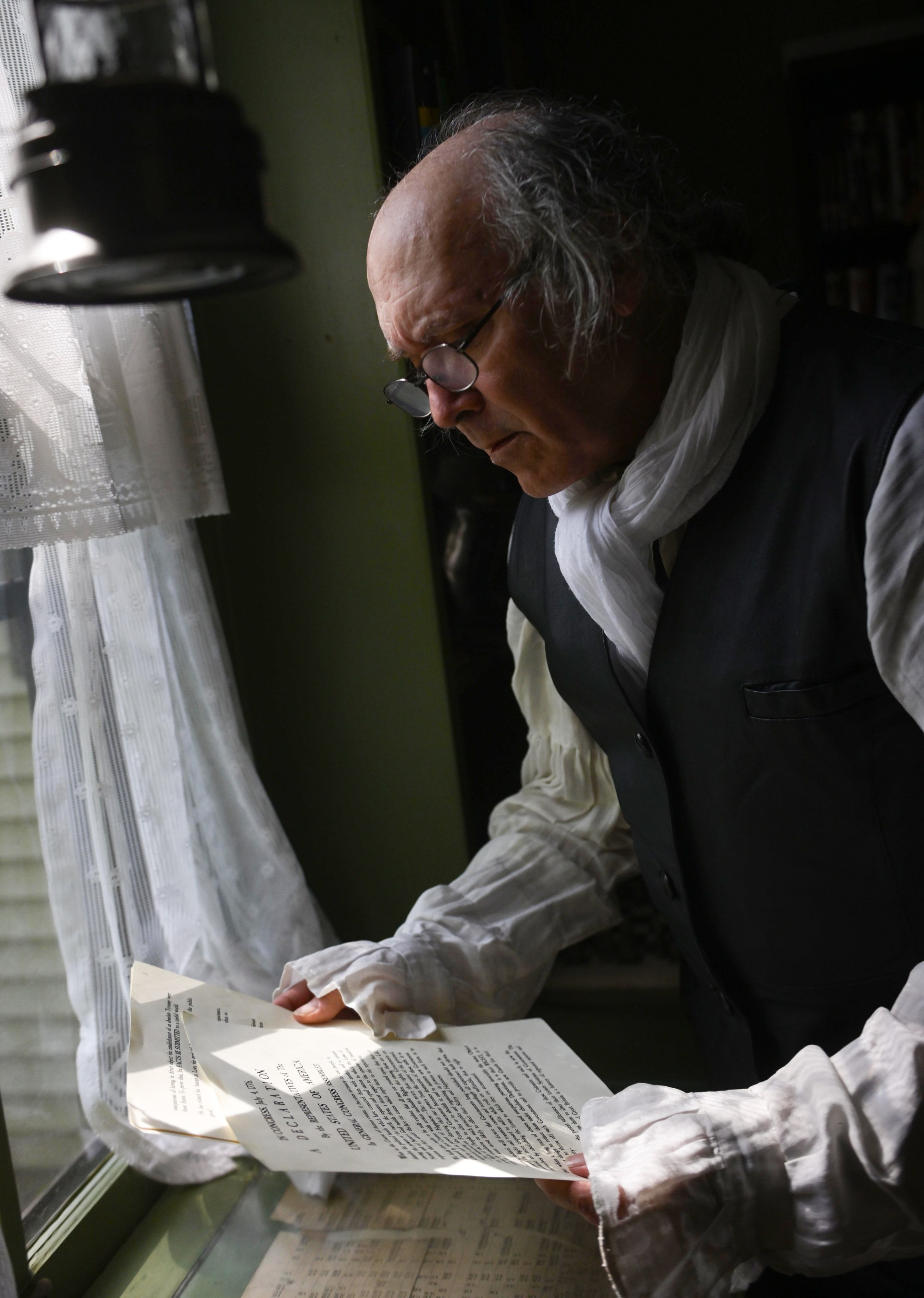 Christopher Black, artistic director of the Bachmann Players, on Thursday, July 2, 2026, portrays Robert Levers, the Northampton County Clerk who is widely credited with reading the Declaration of Independence on July 8, 1776, in Easton. (Monica Cabrera/The Morning Call)
