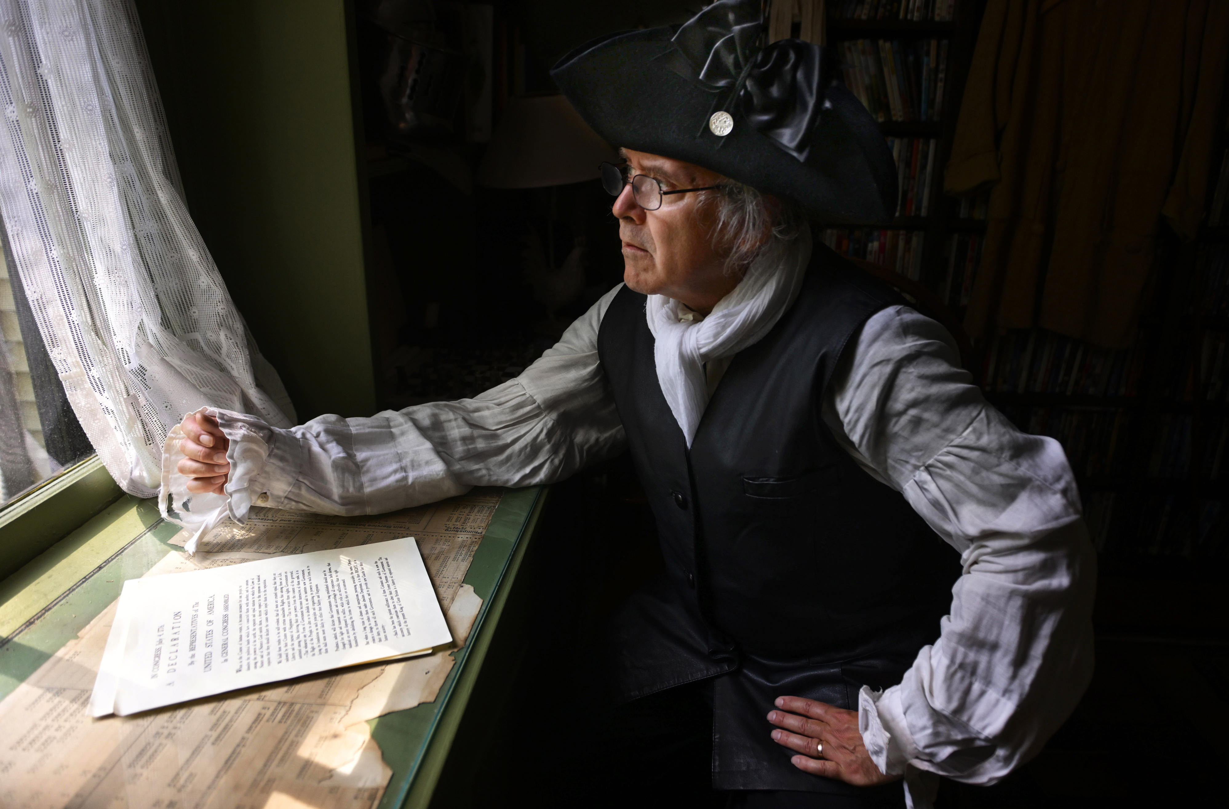 Christopher Black, artistic director of the Bachmann Players, on Thursday, July 2, 2026, portrays Robert Levers, the Northampton County Clerk who is widely credited with reading the Declaration of Independence on July 8, 1776, in Easton. (Monica Cabrera/The Morning Call)