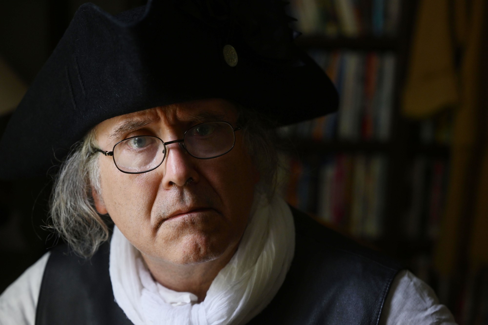 Christopher Black, artistic director of the Bachmann Players, on Thursday, July 2, 2026, portrays Robert Levers, the Northampton County Clerk who is widely credited with reading the Declaration of Independence on July 8, 1776, in Easton. (Monica Cabrera/The Morning Call)
