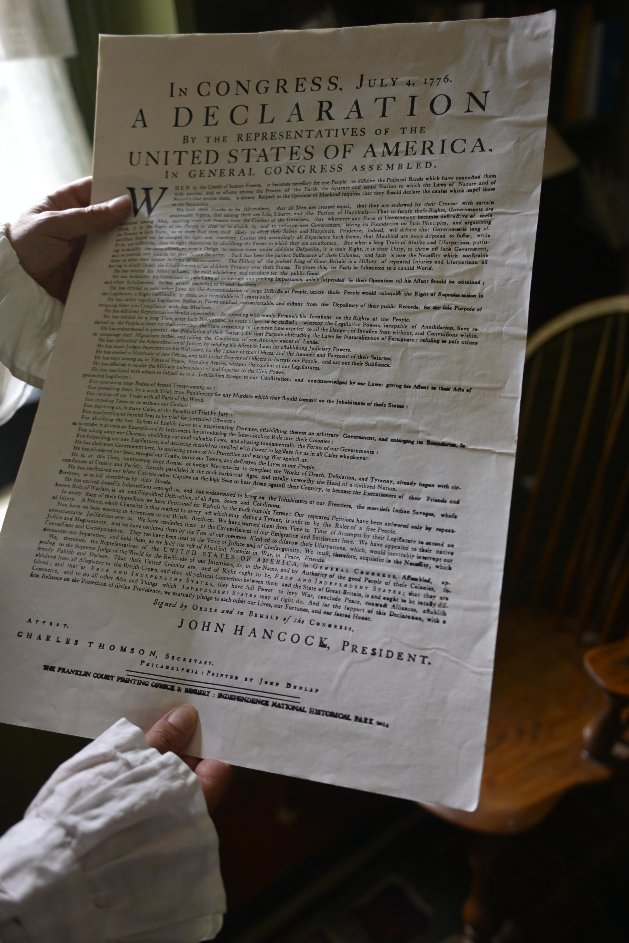 Christopher Black, artistic director of the Bachmann Players, on Thursday, July 2, 2026, portrays Robert Levers, the Northampton County Clerk who is widely credited with reading the Declaration of Independence on July 8, 1776, in Easton. (Monica Cabrera/The Morning Call)