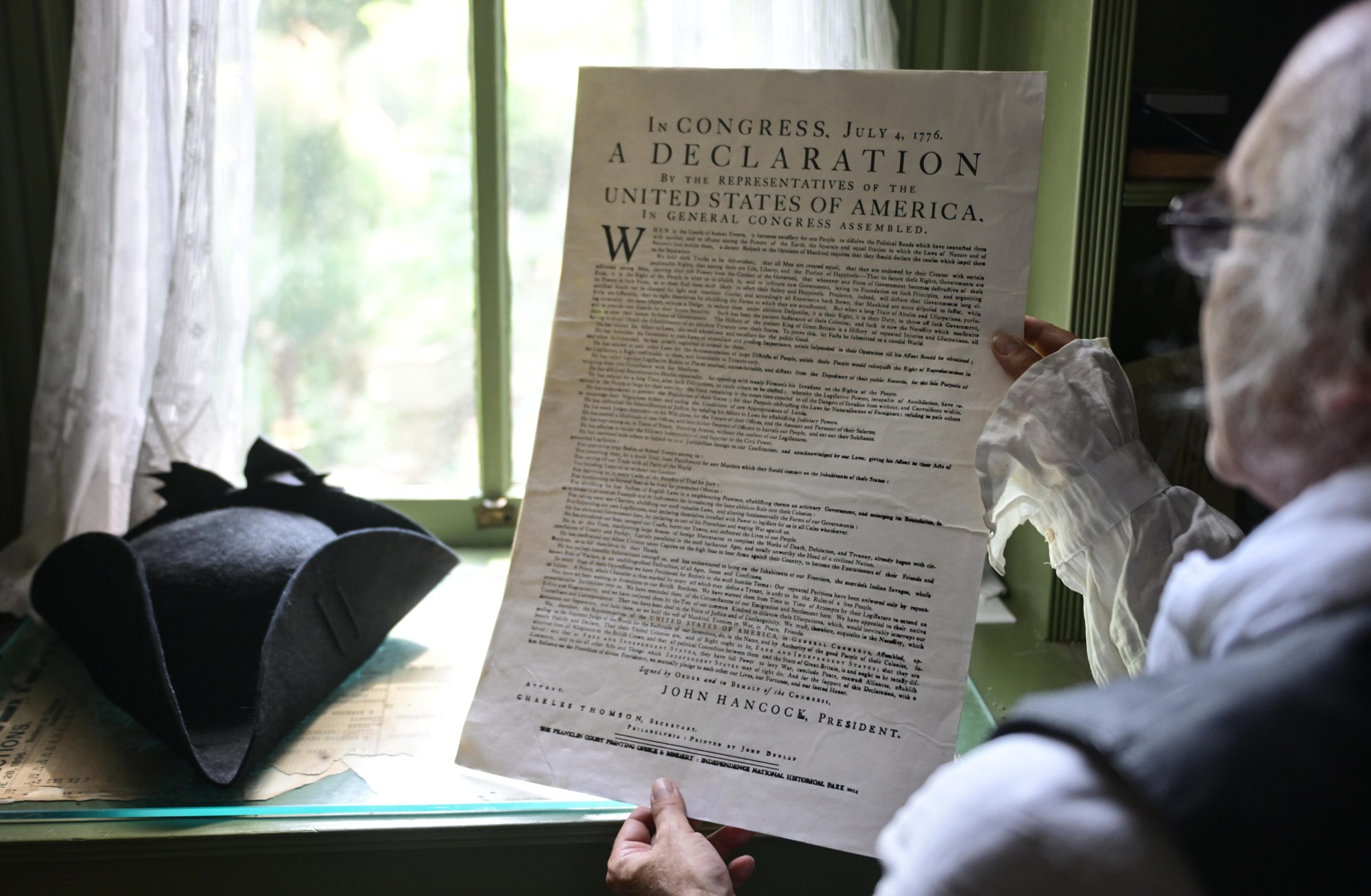 Christopher Black, artistic director of the Bachmann Players, on Thursday, July 2, 2026, portrays Robert Levers, the Northampton County Clerk who is widely credited with reading the Declaration of Independence on July 8, 1776, in Easton. (Monica Cabrera/The Morning Call)