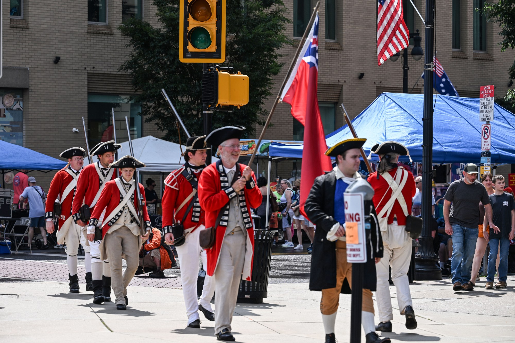 Members of the 1st Battalion of New Jersey Volunteers reenactment group march Saturday, July 11, 2026, during the Heritage Day festival in Easton. The festival showcases local and regional history and the heritage of many groups with reenactment events, recreational activities and musical performances. (Jon Chiu/The Morning Call)