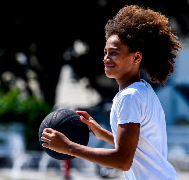 Randy, 12, of Bethlehem plays basketball despite the hot weather Monday, July 13, 2026, at Friendship Park in Bethlehem. The Lehigh Valley is under a heat advisory from the National Weather Service through 8 p.m. Wednesday.(April Gamiz/The Morning Call)