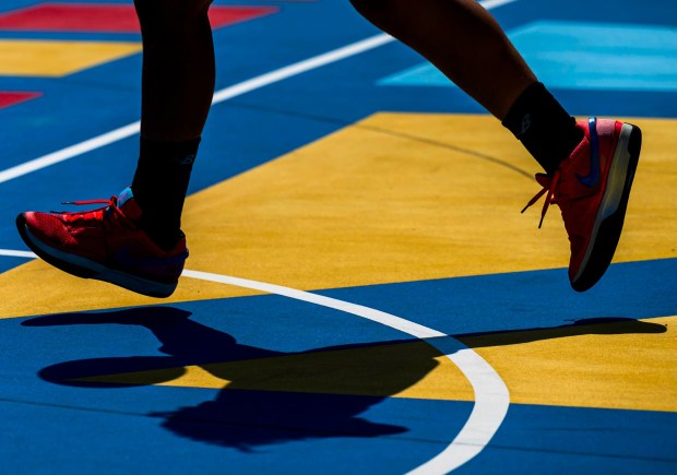 Jonah Terrell, 13, of Bethlehem plays basketball despite the hot weather Monday, July 13, 2026, at Friendship Park in Bethlehem. The Lehigh Valley is under a heat advisory from the National Weather Service through 8 p.m. Wednesday.(April Gamiz/The Morning Call)