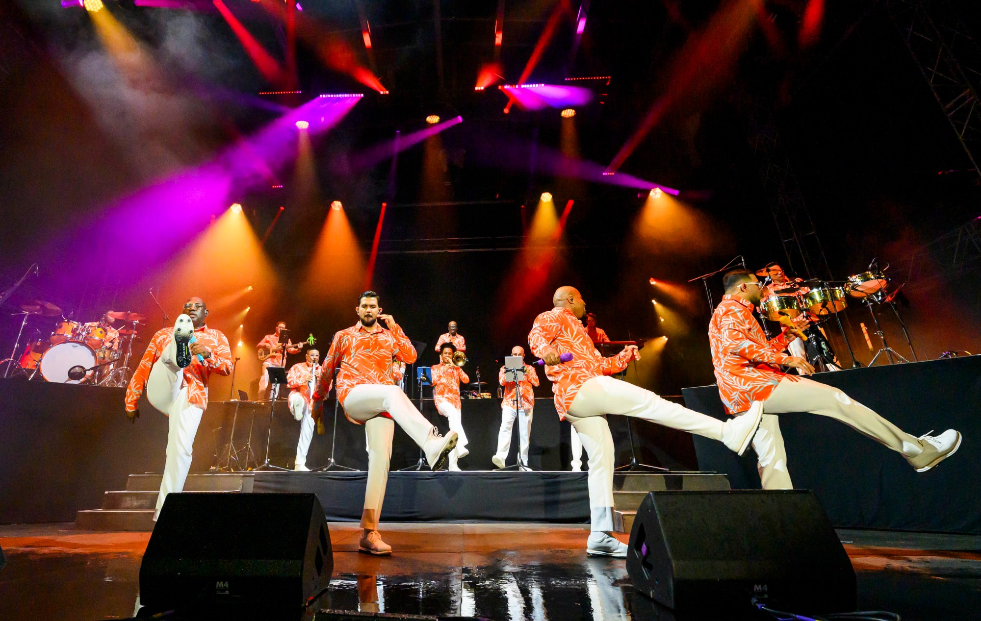Grupo Niche performs Thursday, July 30, 2026, on Musikfest's Wind Creek Steel Stage at PNC Plaza in Bethlehem. Grupo Niche is a Colombian salsa orchestra formed in 1979 that is widely recognized by critics and audiences as one of the most successful Latin music groups of the last four decades. Thursday was preview night at Musikfest, which runs through Aug. 9. (April Gamiz/The Morning Call)