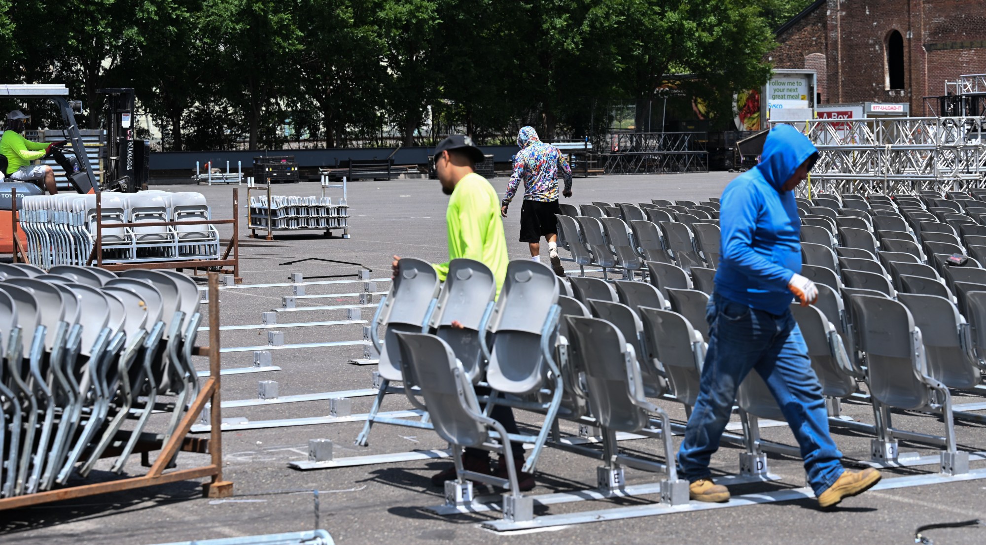 Workers set up rows of seating in preparation for Musikfest on Wednesday, July 22, 2026, in Bethlehem. The 10-day, free music festival in both North and South Side Bethlehem runs July 31-Aug. 9. (Jon Chiu/The Morning Call)