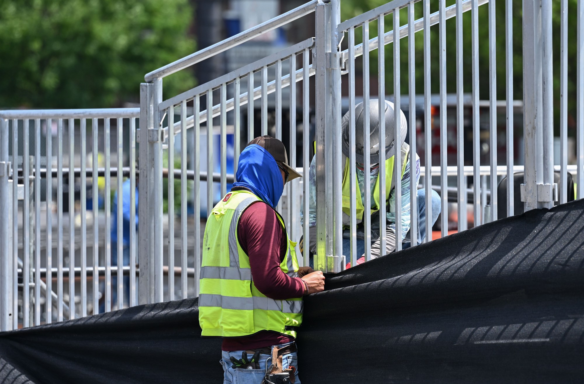 Workers check a section of bleachers set up for Musikfest on Wednesday, July 22, 2026, in Bethlehem. The 10-day, free music festival in both North and South Side Bethlehem runs July 31-Aug. 9. (Jon Chiu/The Morning Call)