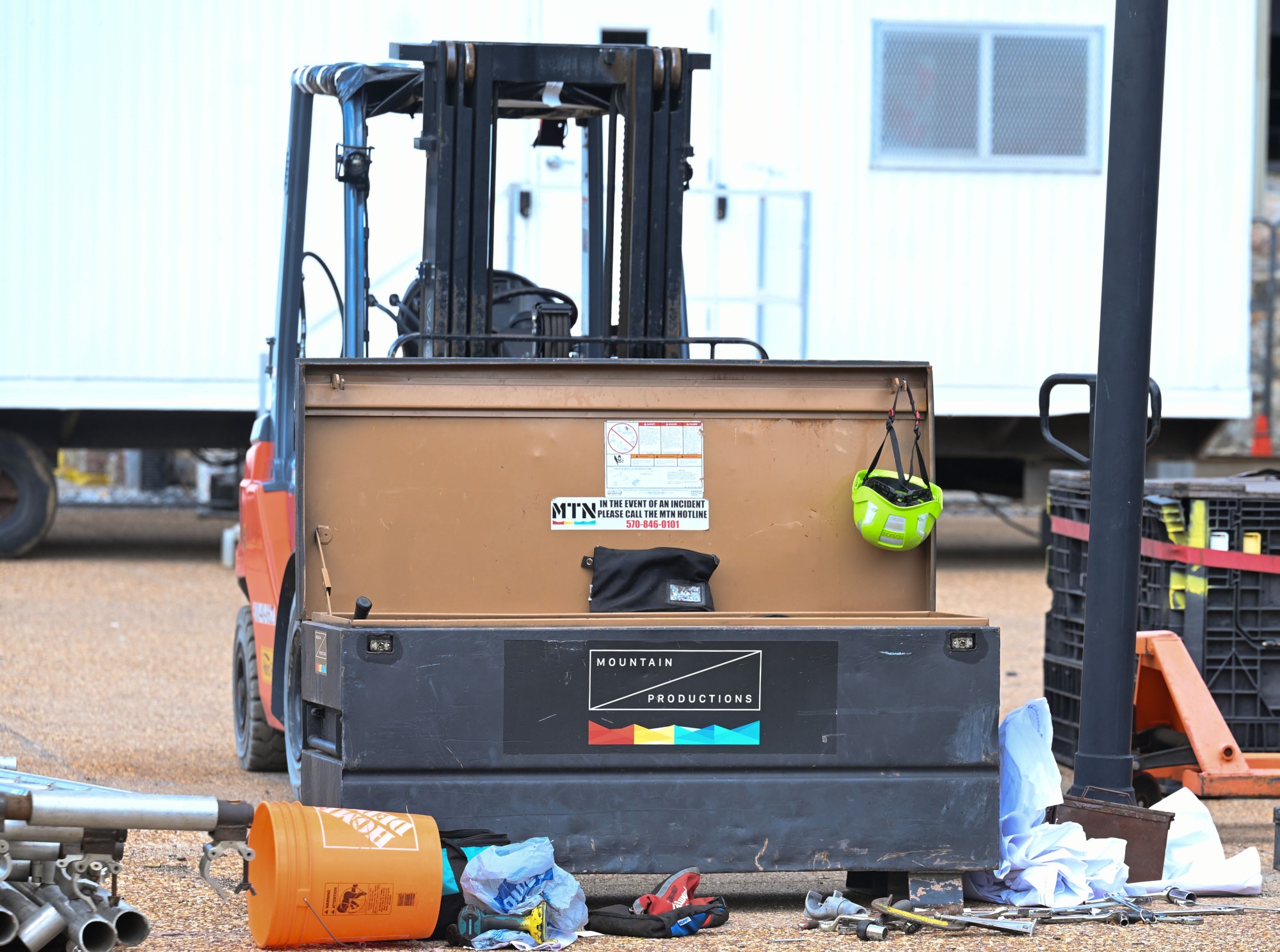 A hard hat hangs from a crate of construction equipment during preparations for Musikfest on Wednesday, July 22, 2026, in Bethlehem. The 10-day, free music festival in both North and South Side Bethlehem runs July 31-Aug. 9. (Jon Chiu/The Morning Call)
