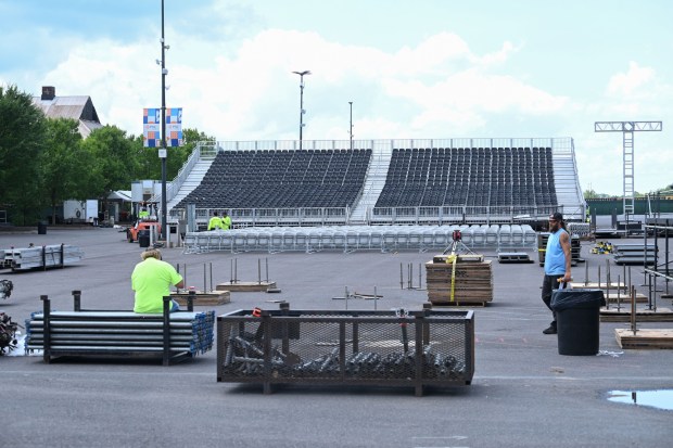 Workers set up for Musikfest on Wednesday, July 22, 2026, in Bethlehem. The 10-day, free music festival in both North and South Side Bethlehem runs July 31-Aug. 9. (Jon Chiu/The Morning Call)