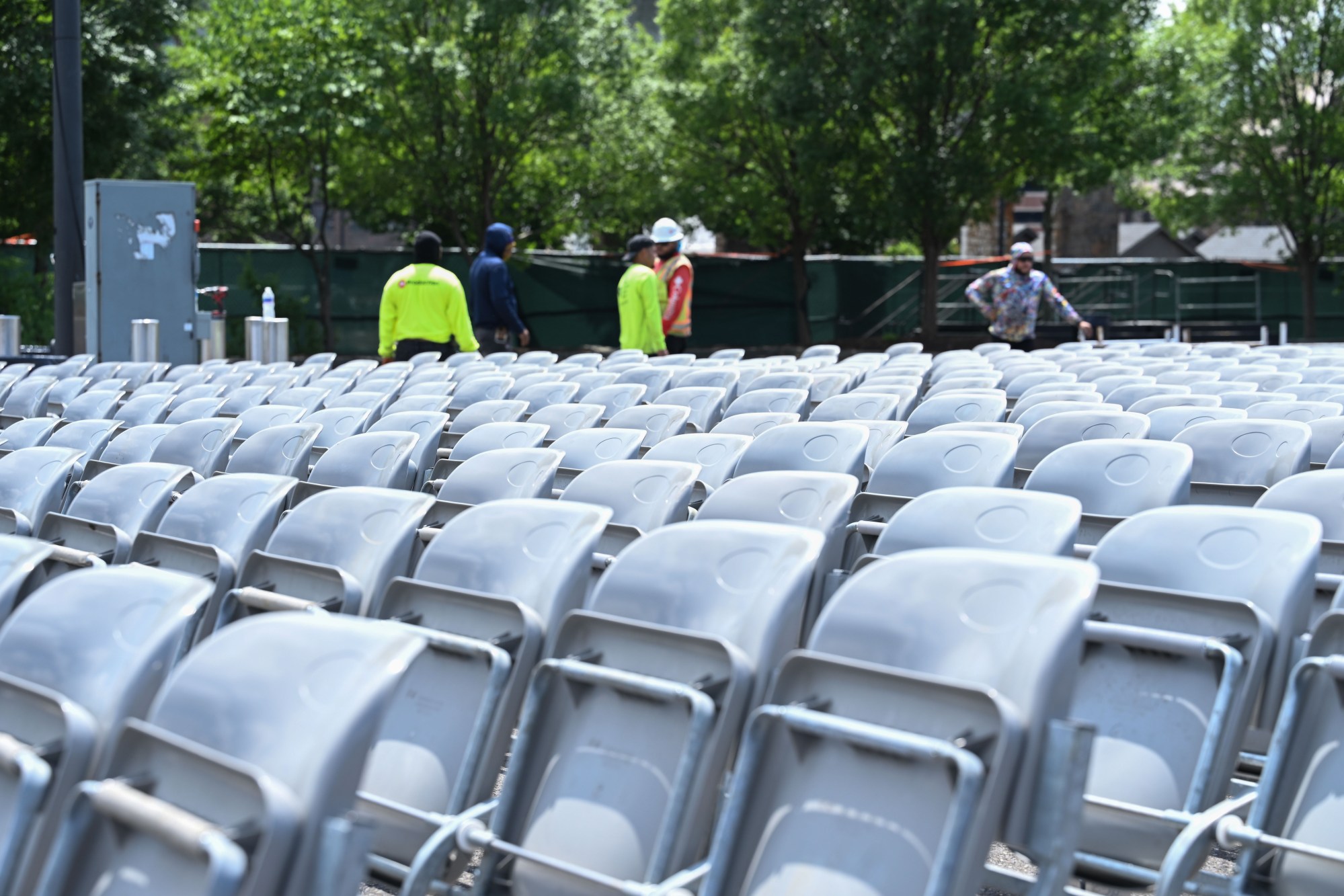 Rows of seats are set up in the PNC Plaza in preparation for Musikfest on Wednesday, July 22, 2026, in Bethlehem. The 10-day, free music festival in both North and South Side Bethlehem runs July 31-Aug. 9. (Jon Chiu/The Morning Call)