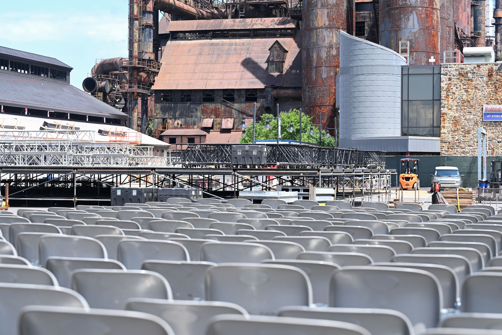 Rows of seats face an incomplete stage ahead of Musikfest on Wednesday, July 22, 2026, in Bethlehem. The 10-day, free music festival in both North and South Side Bethlehem runs July 31-Aug. 9. (Jon Chiu/The Morning Call)