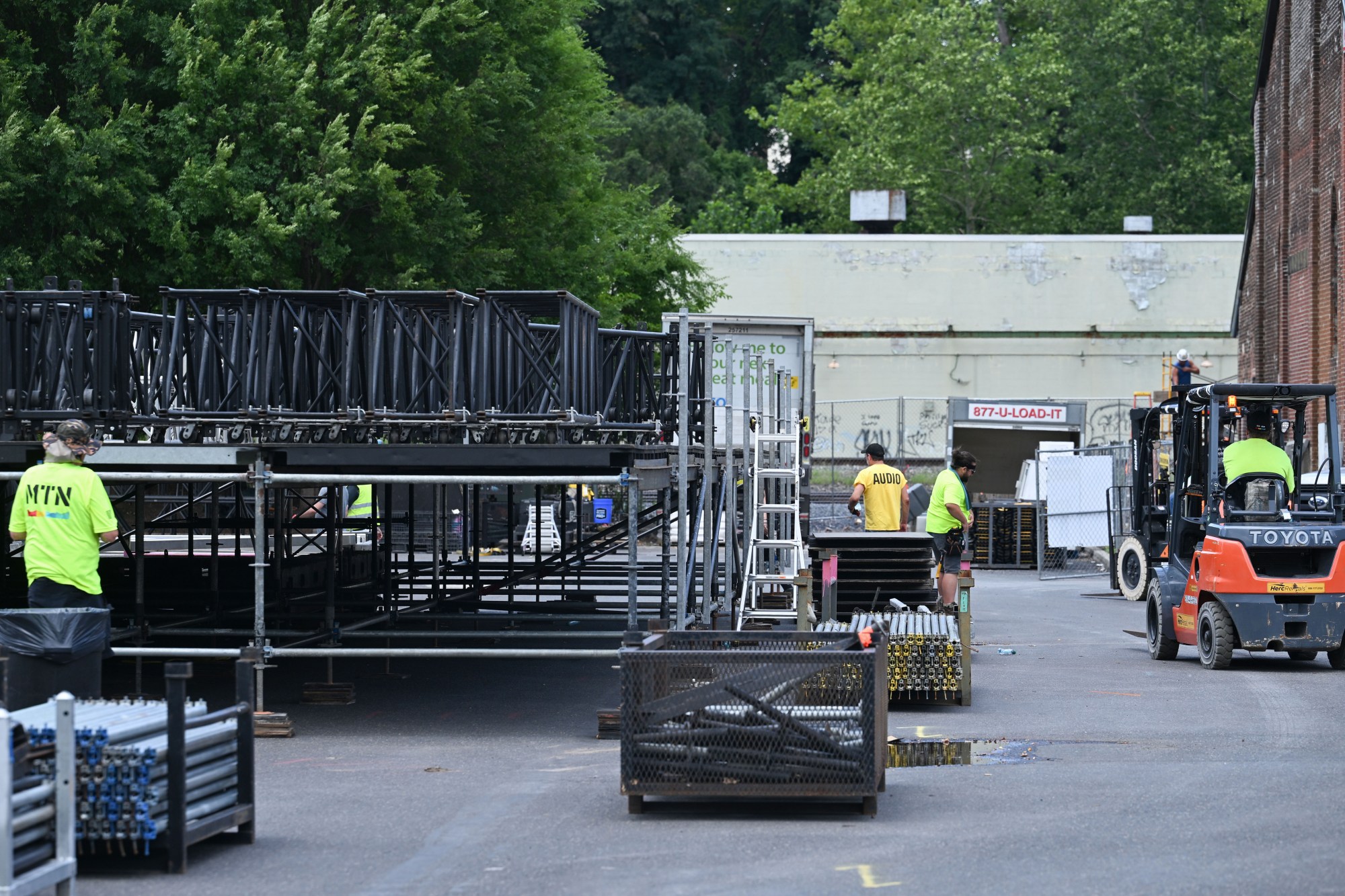 Workers set up for Musikfest on Wednesday, July 22, 2026, in Bethlehem. The 10-day, free music festival in both North and South Side Bethlehem runs July 31-Aug. 9. (Jon Chiu/The Morning Call)