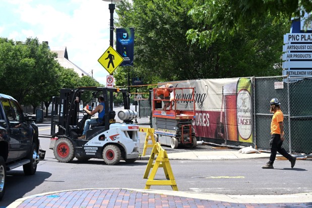 Workers set up rows of seating in preparation for Musikfest on Wednesday, July 22, 2026, in Bethlehem. The 10-day, free music festival in both North and South Side Bethlehem runs July 31-Aug. 9. (Jon Chiu/The Morning Call)