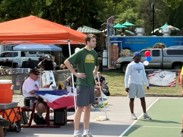 Former ACCHS boys basketball standout Nick Filchner stands on the sideline at Allentown's Cedar Beach Saturday morning as the Vikings played Bensalem in the A-Town Throwdown. Filchner and Cael Hines ran the team during three games on Saturday as the wait for the school's new head coach continues. (Keith Groller)