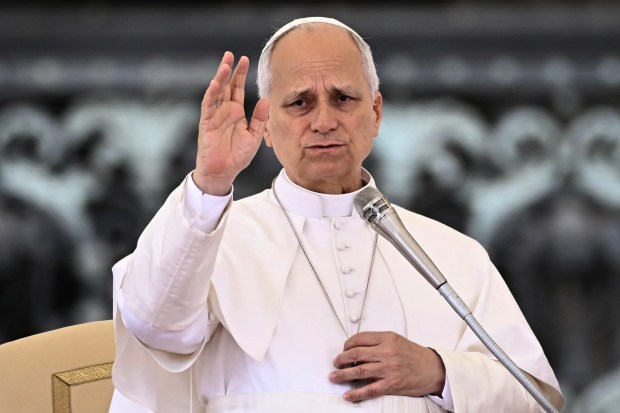 Pope Leo XIV gestures as he delivers his speech during his weekly general audience in St. Peter's Square at The Vatican on June 3, 2026.