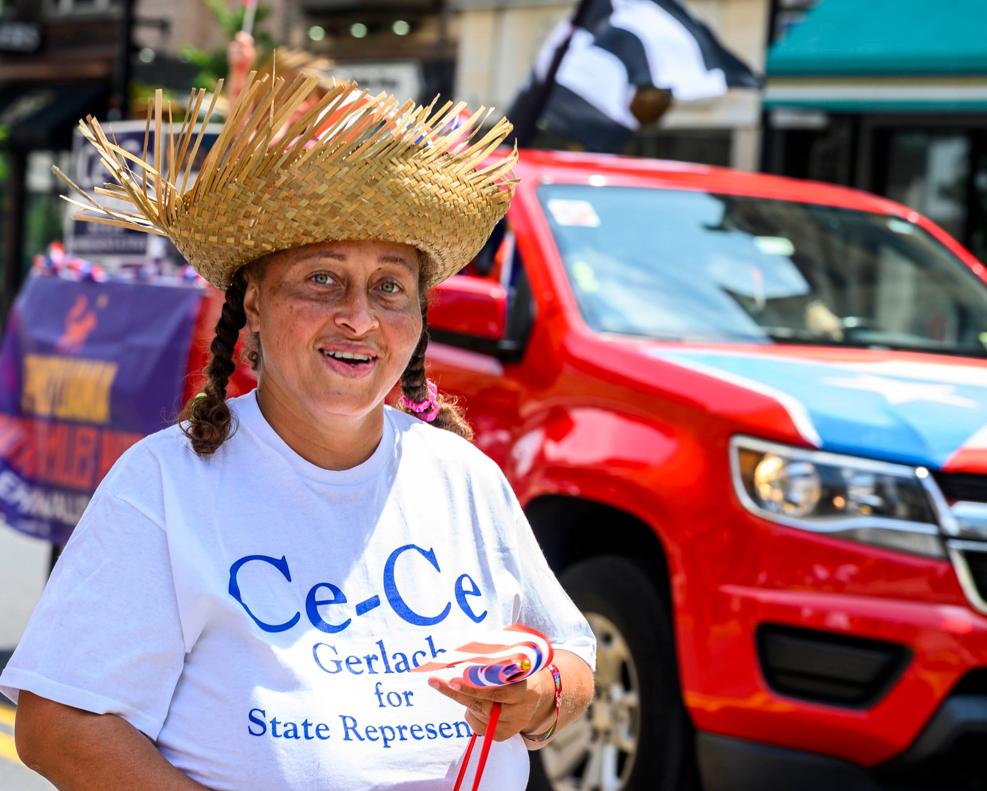 Allentown City Council Member Ce-Ce Gerlach celebrates during the annual Lehigh Valley Puerto Rican Day Parade on Sunday, July 19, 2026, in Allentown. The day's festivities, sponsored by Puertorrican Cultural Preservation, also included raising the Puerto Rican flag and a festival. (April Gamiz/The Morning Call)