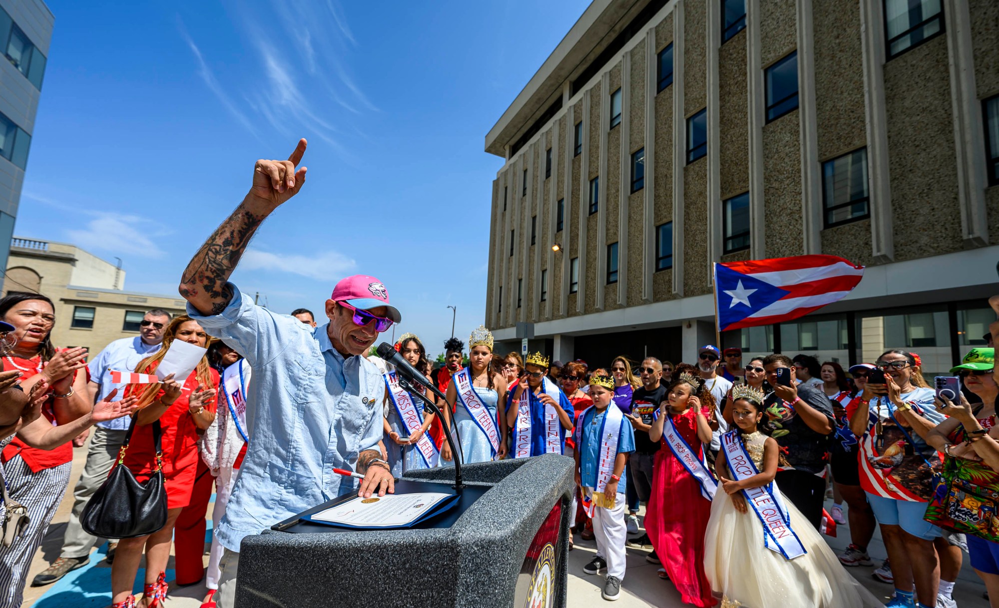 Allentown Mayor Matt Tuerk speaks during the raising of the Puerto Rican flag before the annual Lehigh Valley Puerto Rican Day Parade and Festival on Sunday, July 19, 2026, in Allentown. The day's festivities were sponsored by Puertorrican Cultural Preservation. (April Gamiz/The Morning Call)