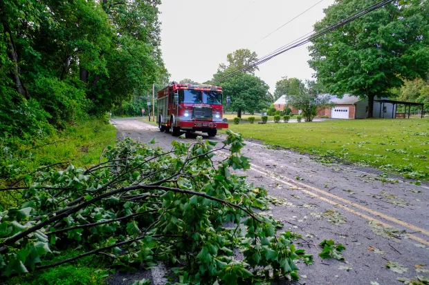A firetruck heads up Gun Club Road in Hereford Township to help clear roads blocking drivers heading to Bear Creek Ski Area's 4th of July Celebration on July 3, 2026, in Lower Macungie. (Sharon Merkel/Special to The Morning Call)
