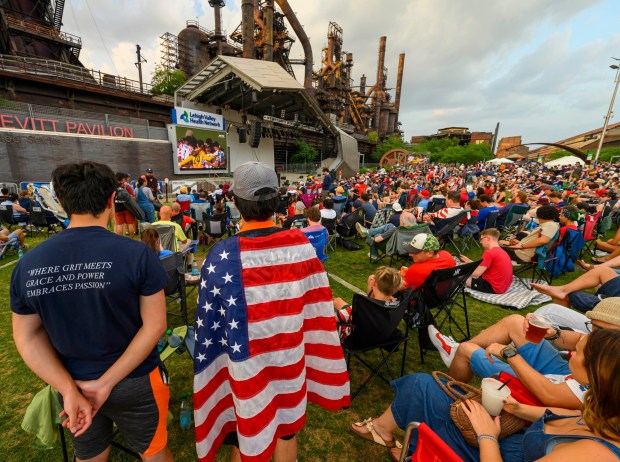 People at Lehigh Valley Soccerfest at Steelstacks in Bethlehem watch the USA vs. Bosnia-Herzegovina World Cup knockout match Wednesday, July 1, 2026. The teams played at San Francisco Bay Area Stadium. (April Gamiz/The Morning Call)