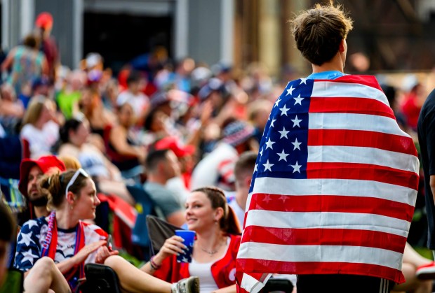People at Lehigh Valley Soccerfest at Steelstacks in Bethlehem watch the USA vs. Bosnia-Herzegovina World Cup knockout match Wednesday, July 1, 2026. The teams played at San Francisco Bay Area Stadium. (April Gamiz/The Morning Call)