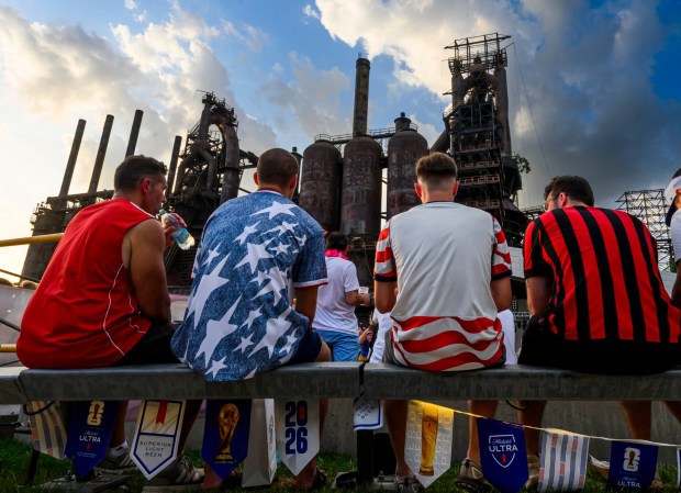 People at Lehigh Valley Soccerfest at Steelstacks in Bethlehem watch the USA vs. Bosnia-Herzegovina World Cup knockout match Wednesday, July 1, 2026. The teams played at San Francisco Bay Area Stadium. (April Gamiz/The Morning Call)