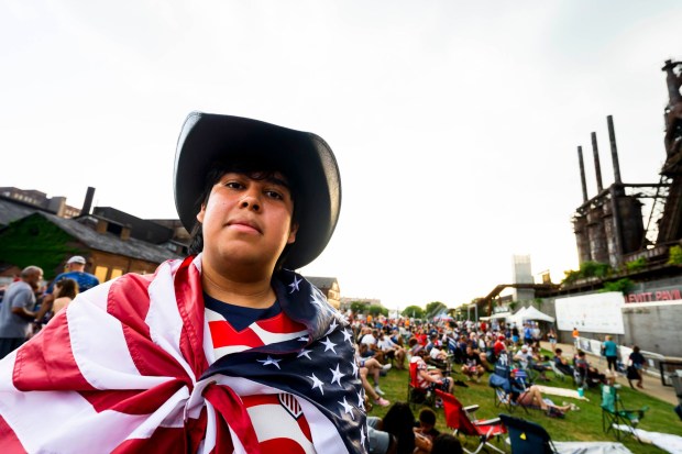 Anthony Medina of Allentown is a Team USA fan at Lehigh Valley Soccerfest at Steelstacks in Bethlehem watch the USA vs. Bosnia-Herzegovina World Cup knockout match Wednesday, July 1, 2026. The teams played at San Francisco Bay Area Stadium. (April Gamiz/The Morning Call)