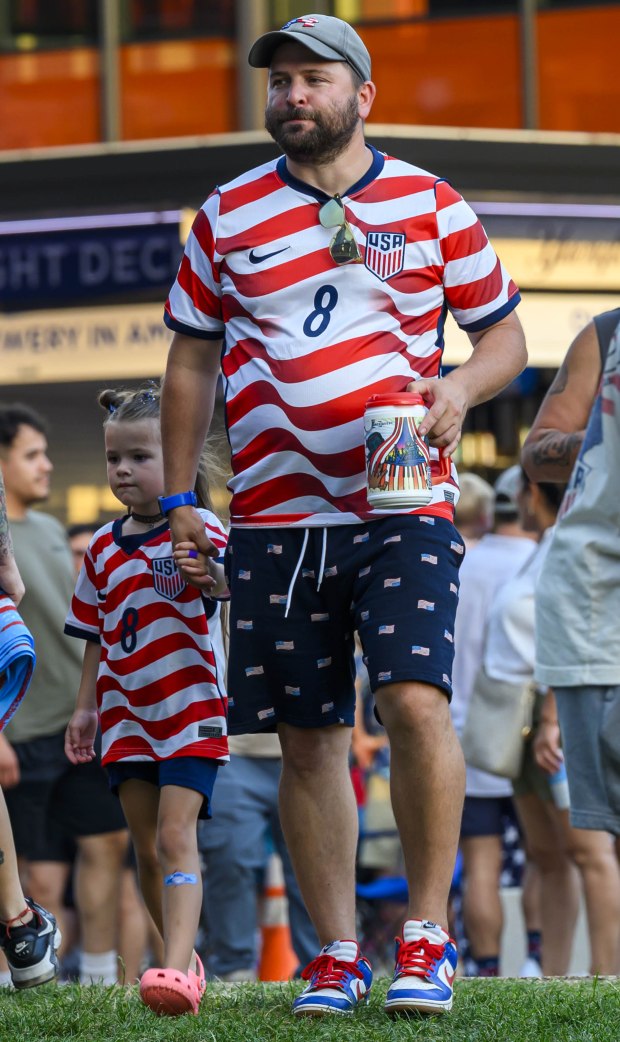 People at Lehigh Valley Soccerfest at Steelstacks in Bethlehem watch the USA vs. Bosnia-Herzegovina World Cup knockout match Wednesday, July 1, 2026. The teams played at San Francisco Bay Area Stadium. (April Gamiz/The Morning Call)