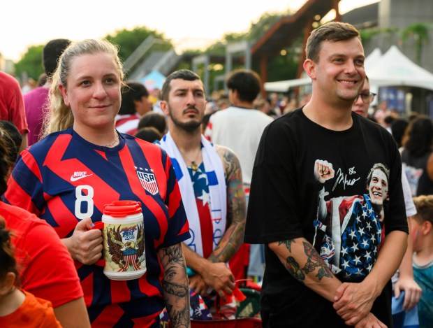 People at Lehigh Valley Soccerfest at Steelstacks in Bethlehem watch the USA vs. Bosnia-Herzegovina World Cup knockout match Wednesday, July 1, 2026. The teams played at San Francisco Bay Area Stadium. (April Gamiz/The Morning Call)